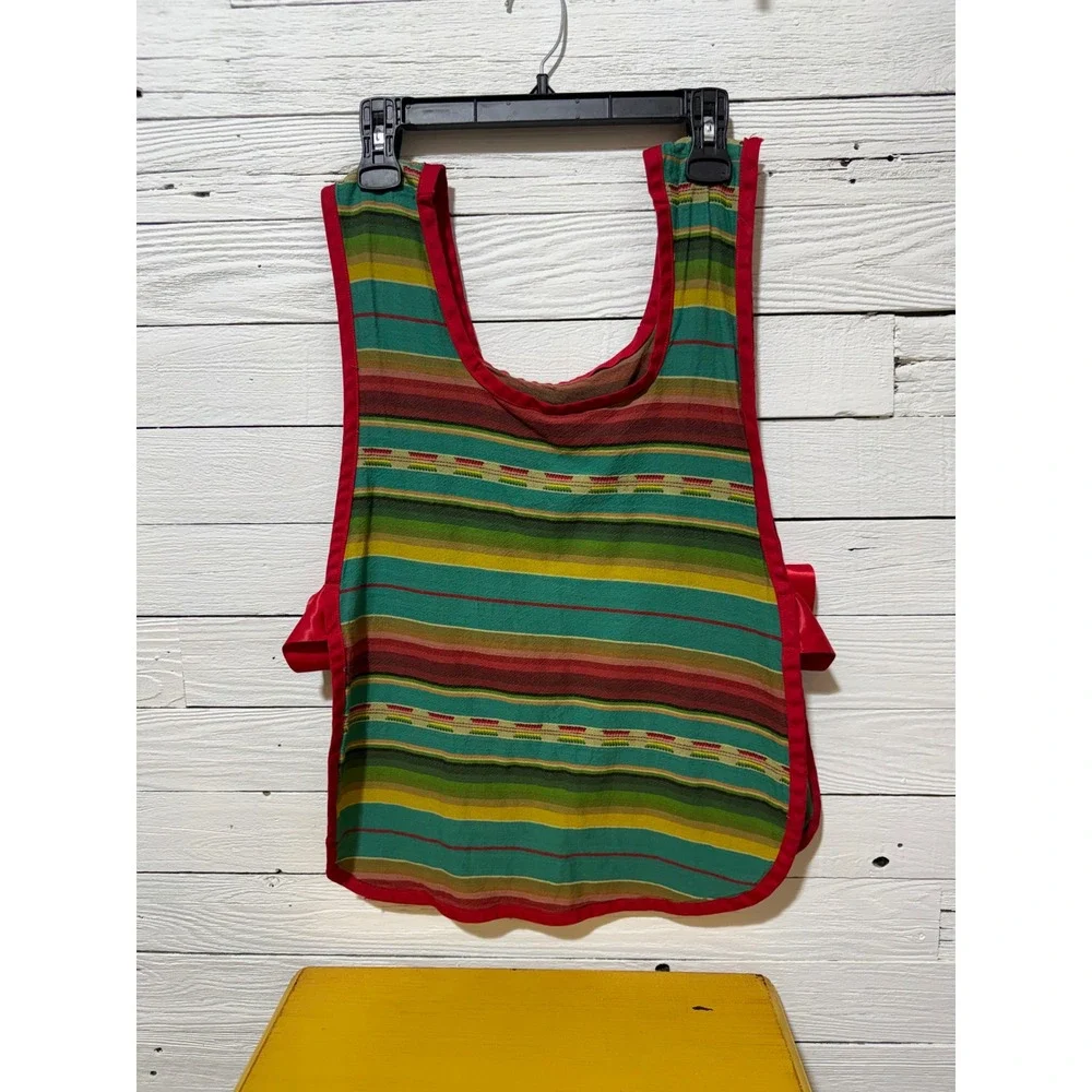Vintage Striped Tabard Apron Multi Color Woven Bib Front Two Pocket Side Tie